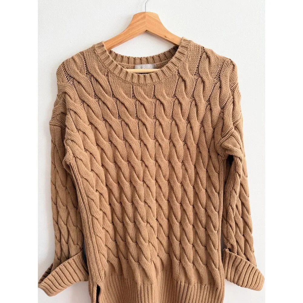 J.Crew Re-Imagined Cable Knit Sweater S-M Camel Brown Side Slit Cotton Blend